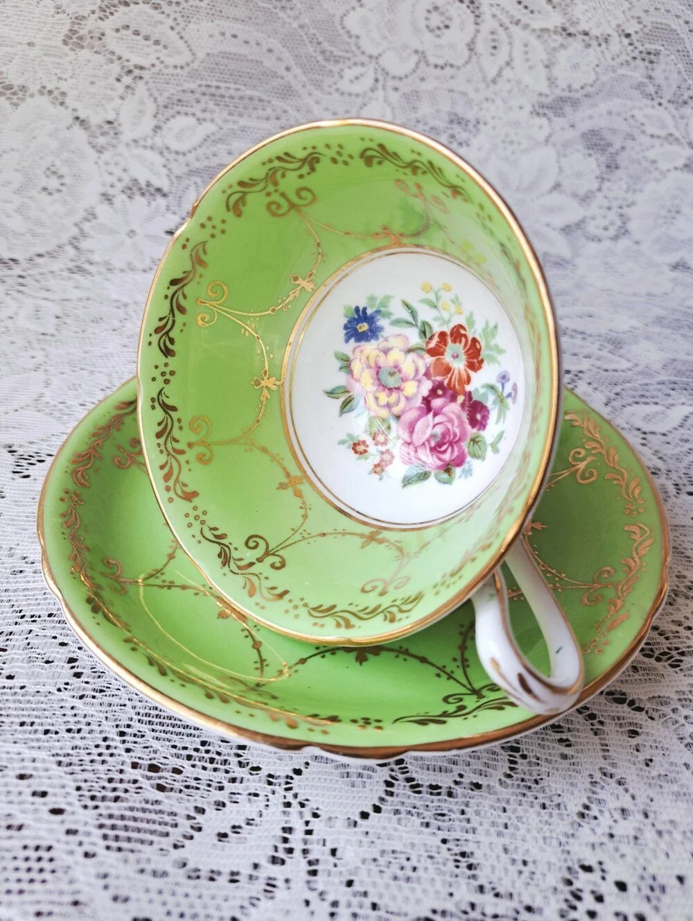 Vintage Grosvenor Jackson & Gosling Bone China Teacup Saucer Green Gold Floral